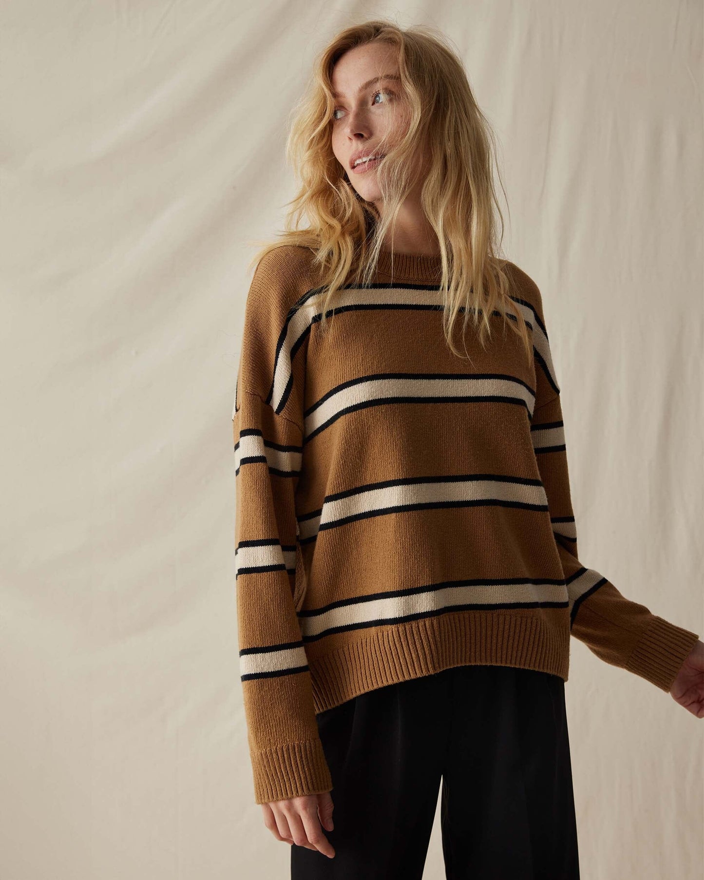 Womens Felicity Lightweight Sweater - Cotton Sweater Knit - Khaki Stripe