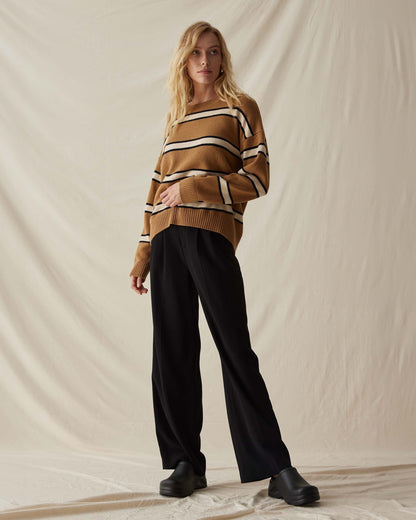 Womens Felicity Lightweight Sweater - Cotton Sweater Knit - Khaki Stripe