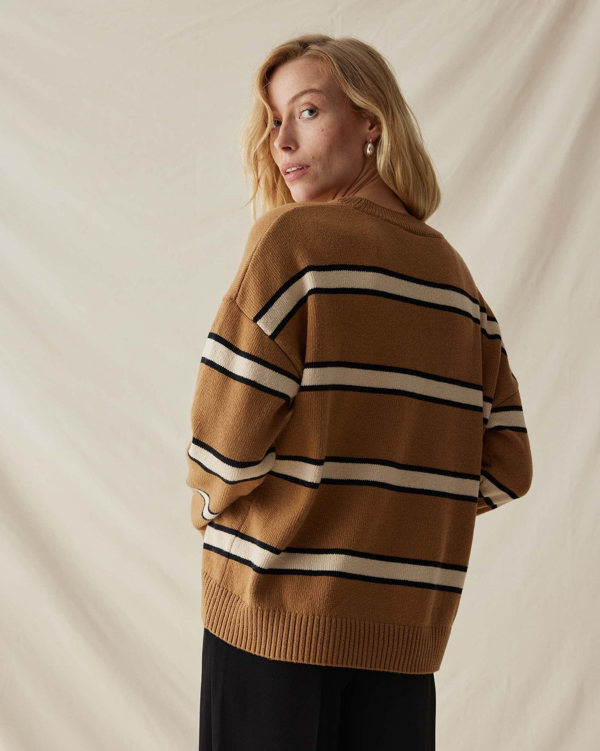 Womens Felicity Lightweight Sweater - Cotton Sweater Knit - Khaki Stripe