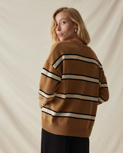 Womens Felicity Lightweight Sweater - Cotton Sweater Knit - Khaki Stripe