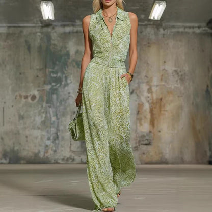 Floral Print Zip-Up Sleeveless Jumpsuit – Women's Wide Leg Romper