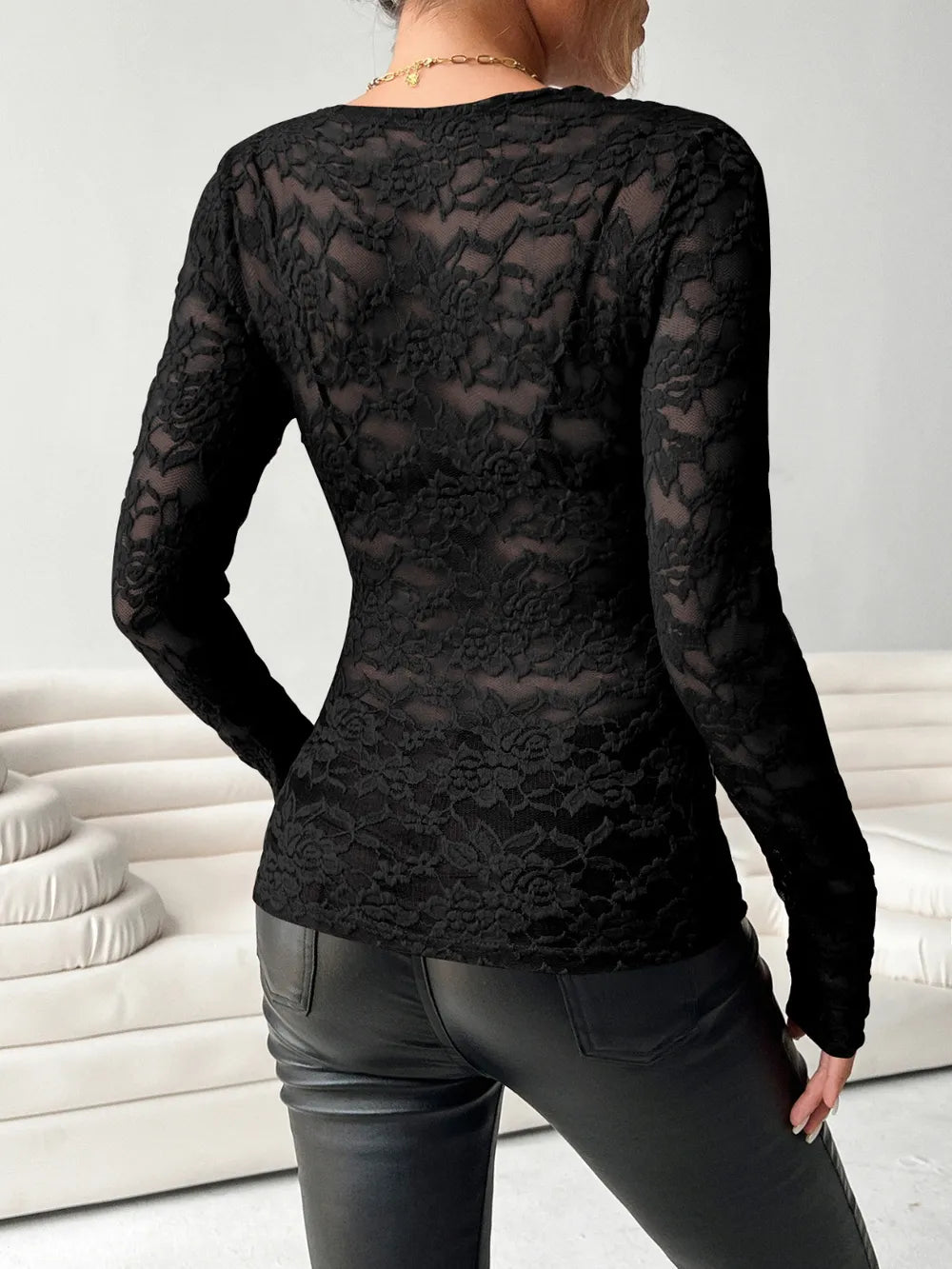 V-neck fan-shaped collar solid color long sleeved slim fit top with lace top