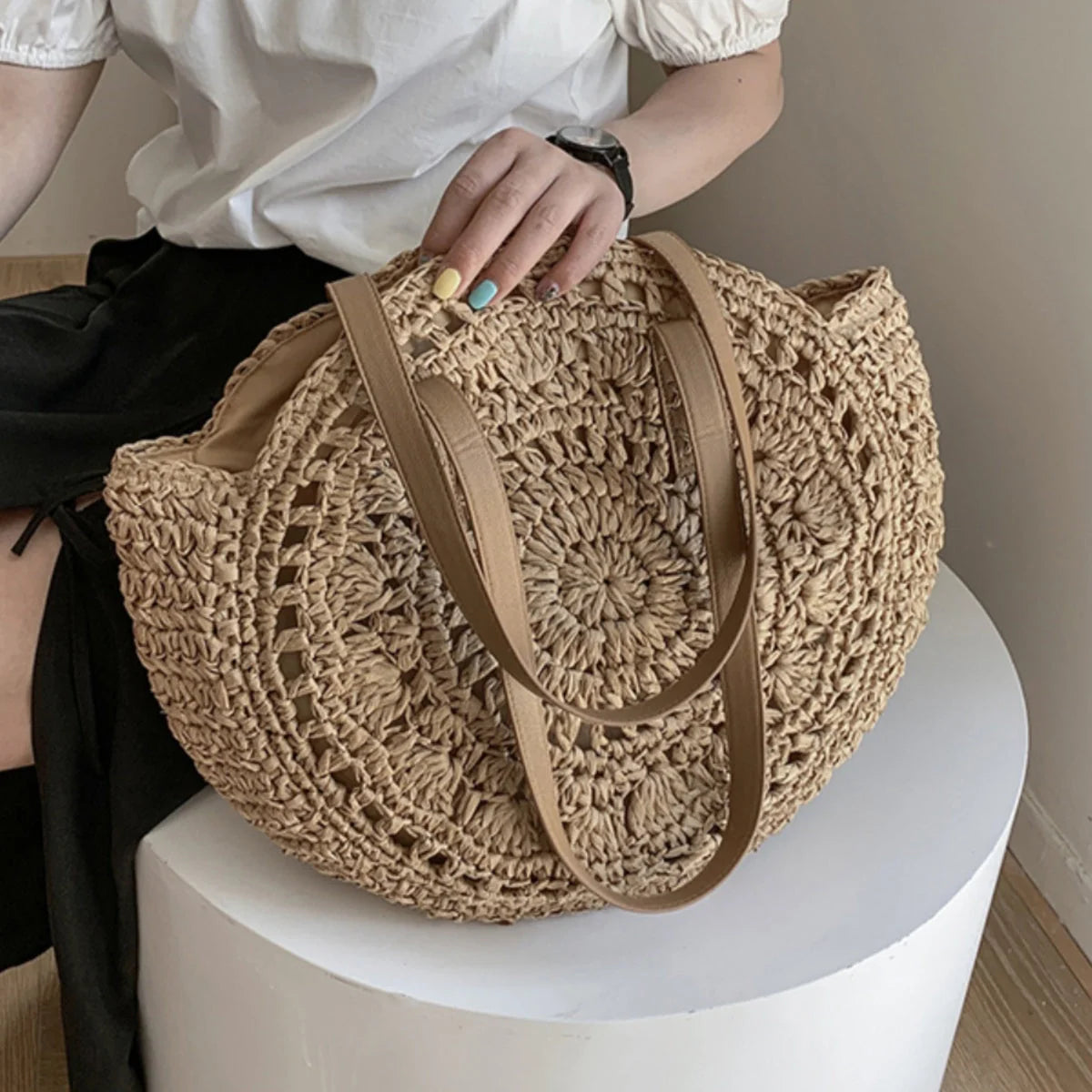 SSR Round Woven Tote Beach Bag - Khaki