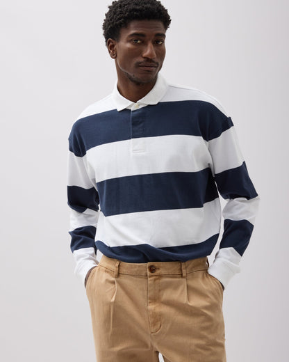 Mens Heavy Pima Rugby Polo - Pima Cotton Jersey - Blue Nights Stripe