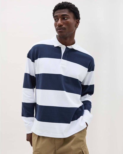 Mens Heavy Pima Rugby Polo - Pima Cotton Jersey - Blue Nights Stripe