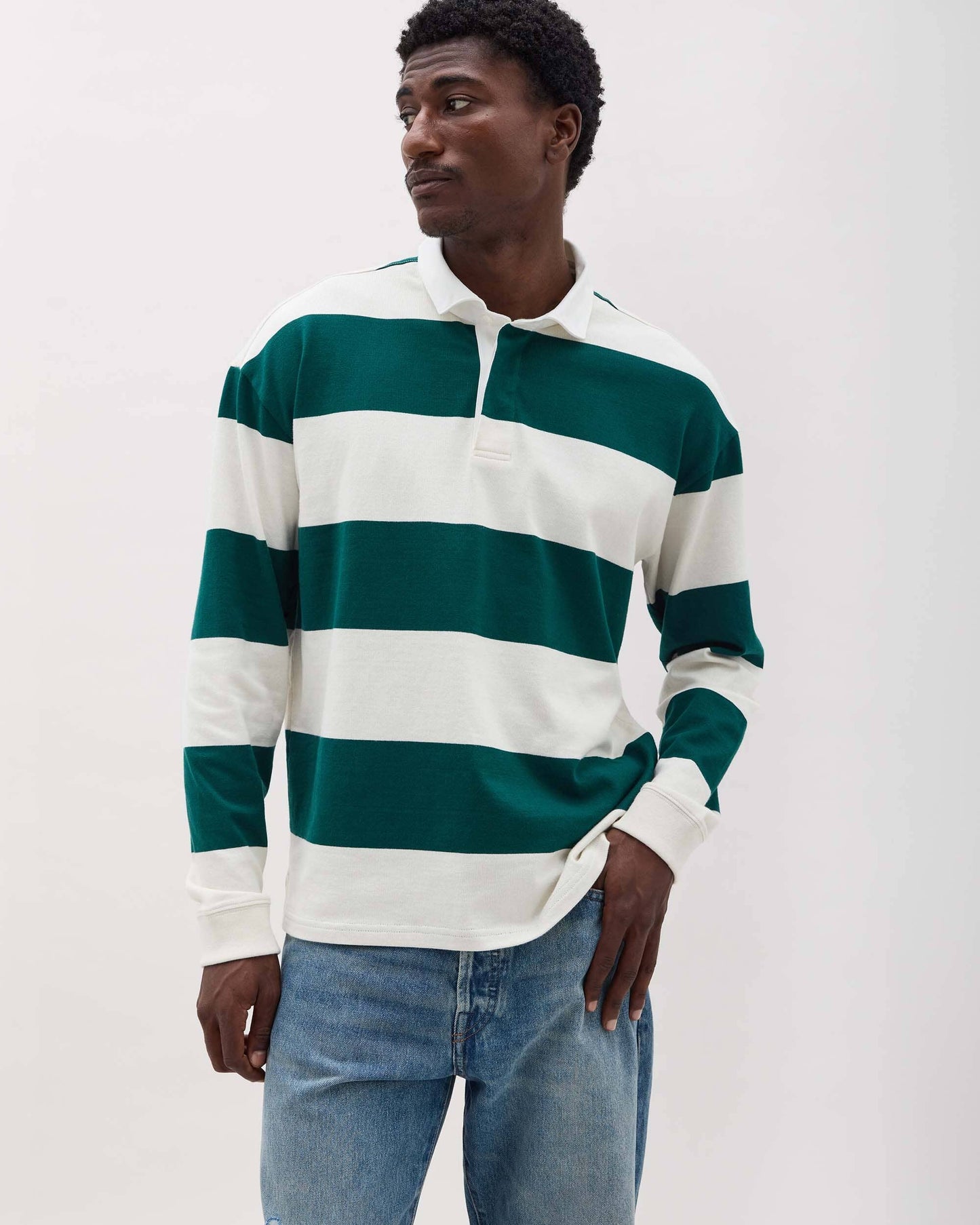 Mens Heavy Pima Rugby Polo - Pima Cotton Jersey - Rainforest Bone Stripe