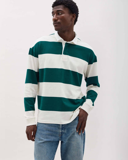 Mens Heavy Pima Rugby Polo - Pima Cotton Jersey - Rainforest Bone Stripe