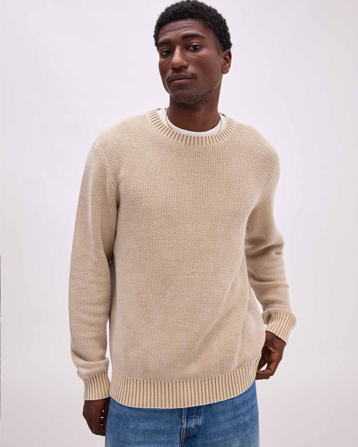 Mens Dune Open Knit Sweater - Cotton Sweater Knit - Khaki