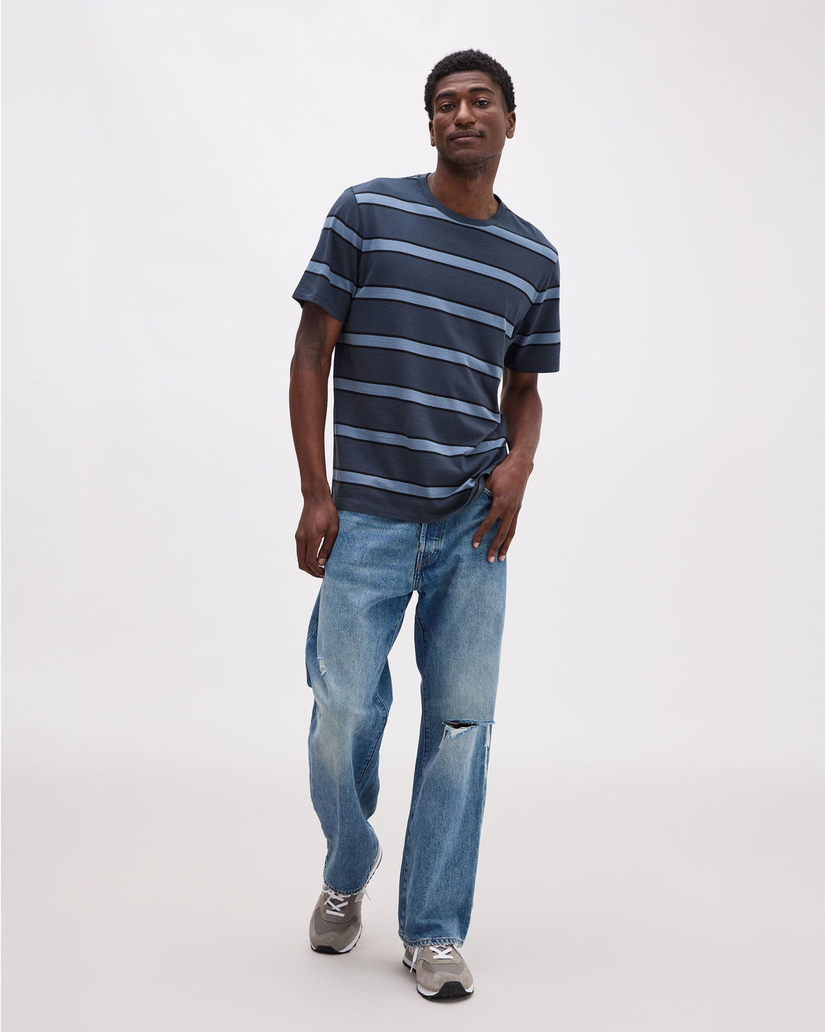Mens Short Sleeve Stripe Pima Tee - Pima Cotton Jersey - Blue Nights Stripe