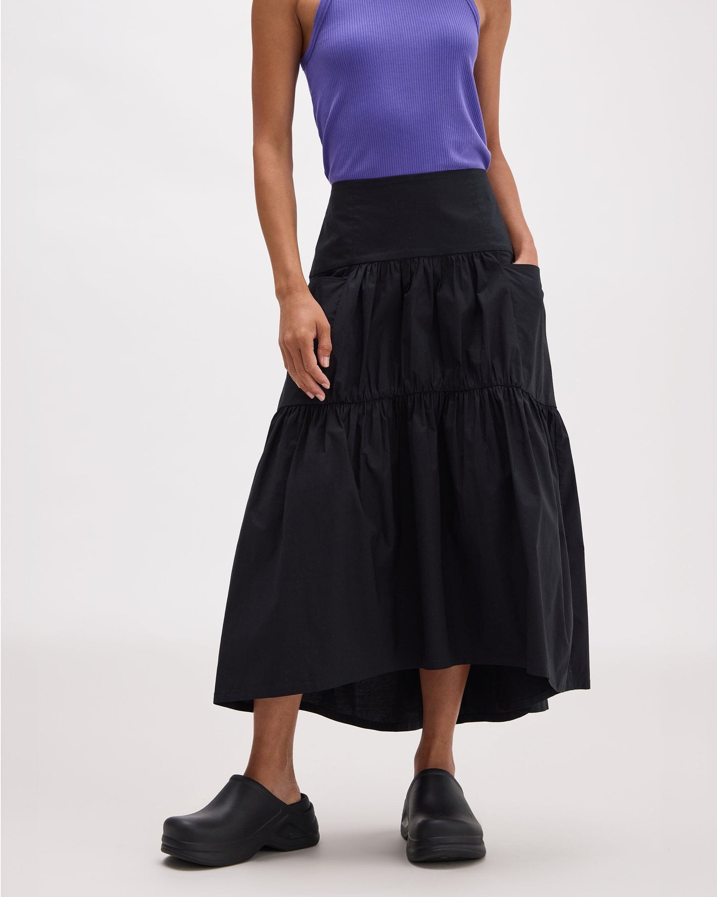 Womens Stevie Tiered Maxi Skirt - Cotton Poplin - Black