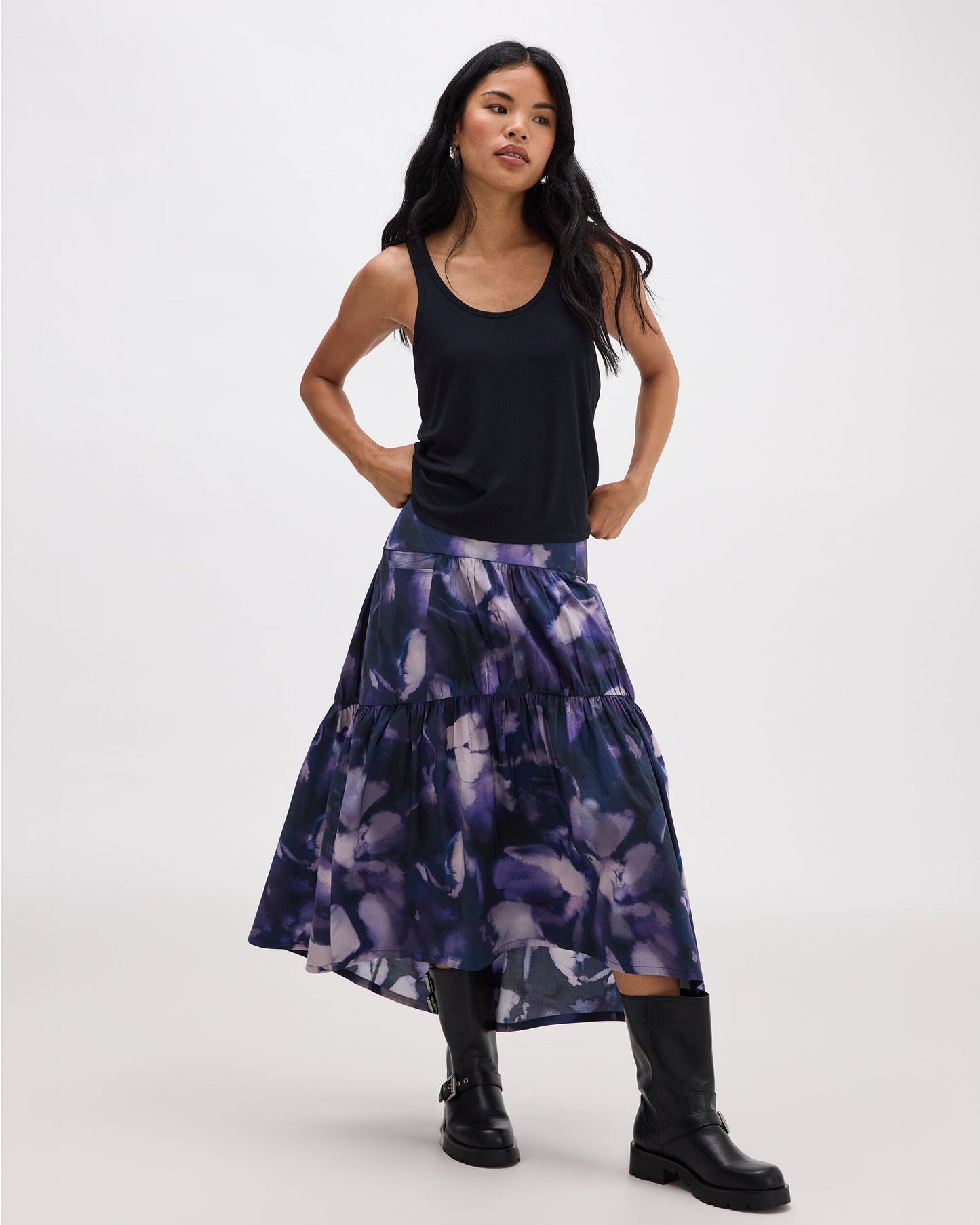 Womens Stevie Tiered Maxi Skirt - Cotton Poplin - Purple Ghost Floral