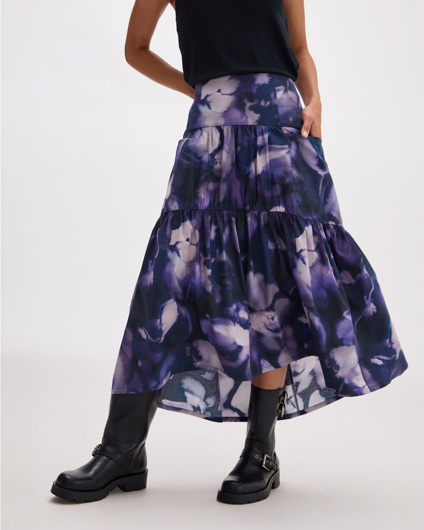 Womens Stevie Tiered Maxi Skirt - Cotton Poplin - Purple Ghost Floral