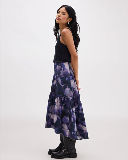 Womens Stevie Tiered Maxi Skirt - Cotton Poplin - Purple Ghost Floral