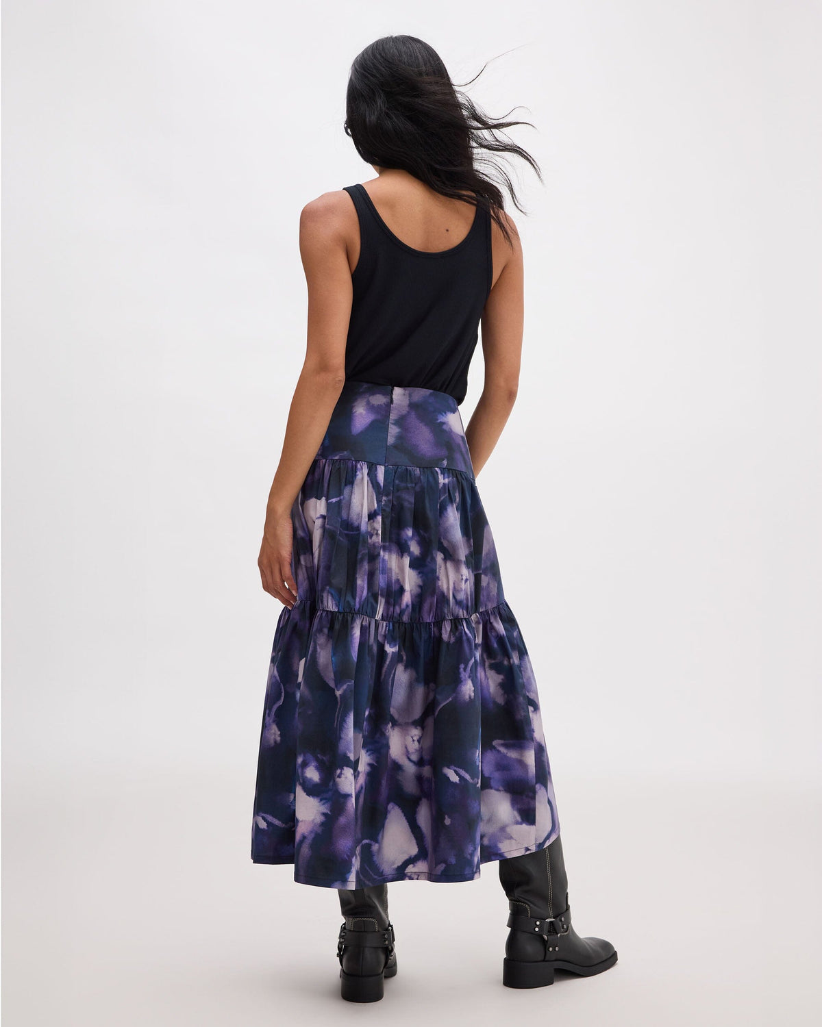 Womens Stevie Tiered Maxi Skirt - Cotton Poplin - Purple Ghost Floral