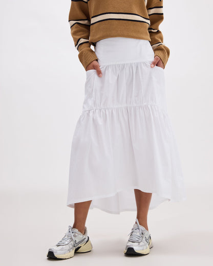 Womens Stevie Tiered Maxi Skirt - Cotton Poplin - White