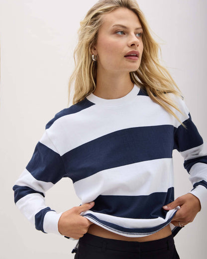 Womens Heavy Pima Rugby Pullover - Pima Cotton Jersey - Blue Nights Stripe