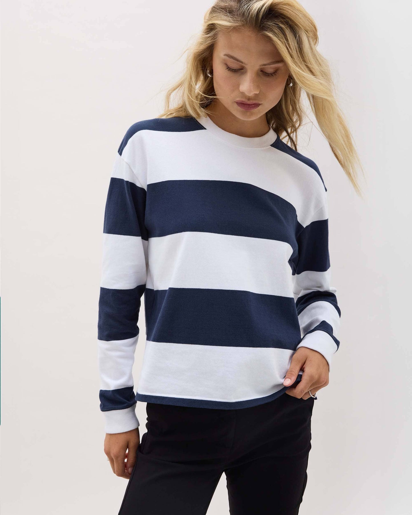 Womens Heavy Pima Rugby Pullover - Pima Cotton Jersey - Blue Nights Stripe