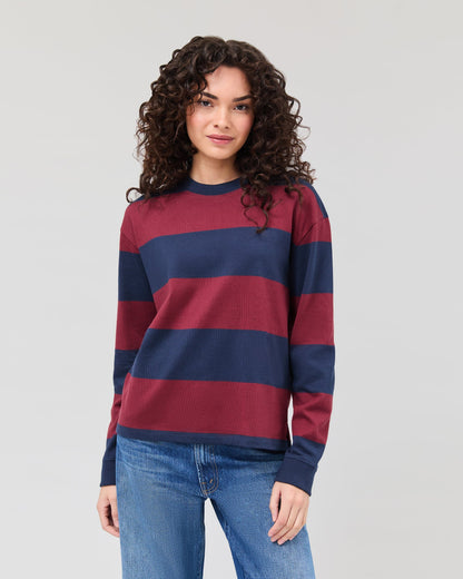 Womens Heavy Pima Rugby Pullover - Pima Cotton Jersey - Maroon/Navy Stripe