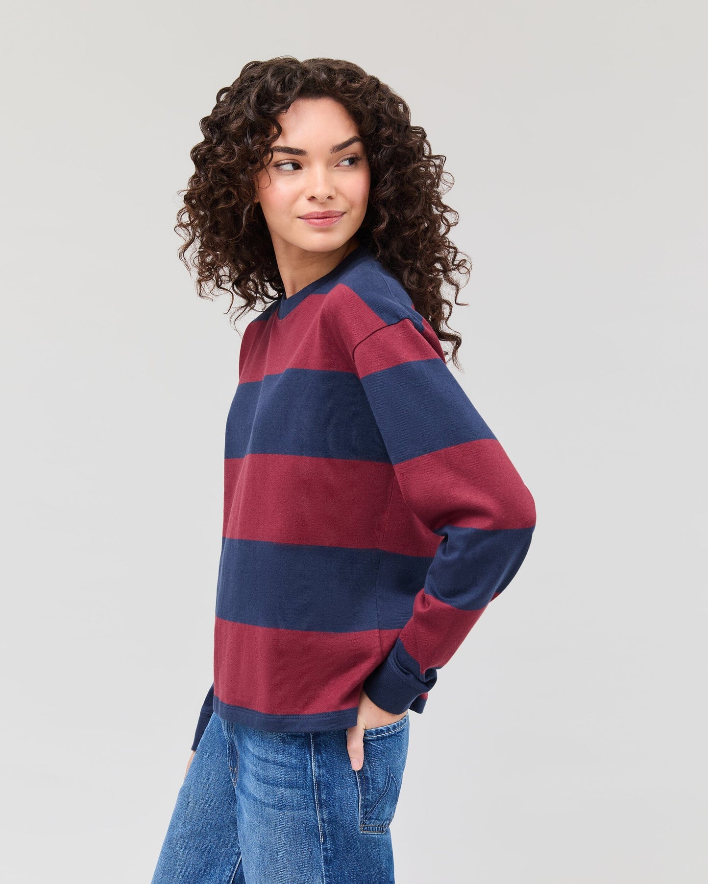 Womens Heavy Pima Rugby Pullover - Pima Cotton Jersey - Maroon/Navy Stripe
