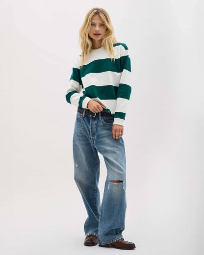 Womens Heavy Pima Rugby Pullover - Pima Cotton Jersey - Rainforest Bone Stripe