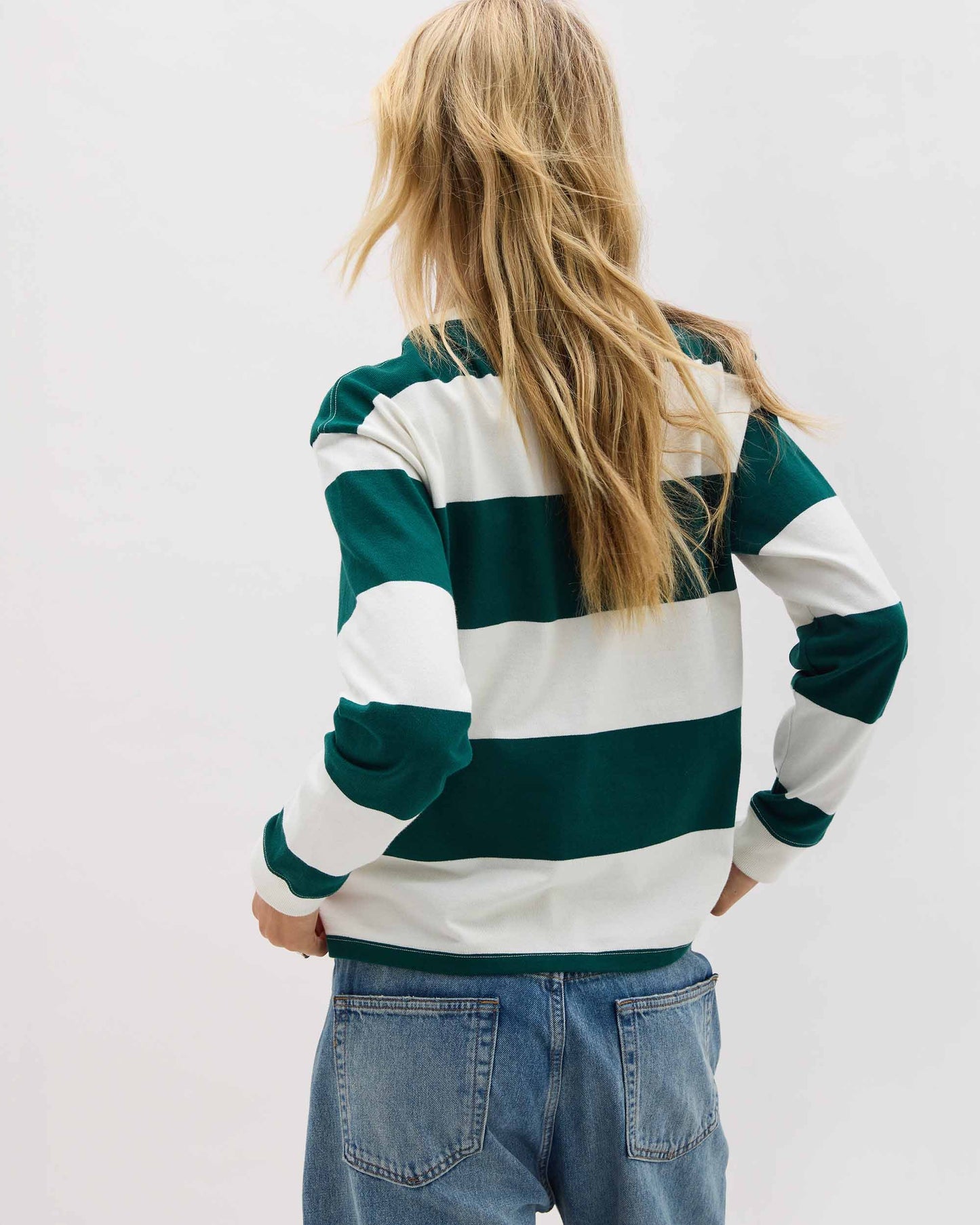 Womens Heavy Pima Rugby Pullover - Pima Cotton Jersey - Rainforest Bone Stripe