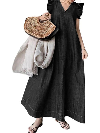 Women's Denim Flutter Sleeve V-Neck Maxi Dress
