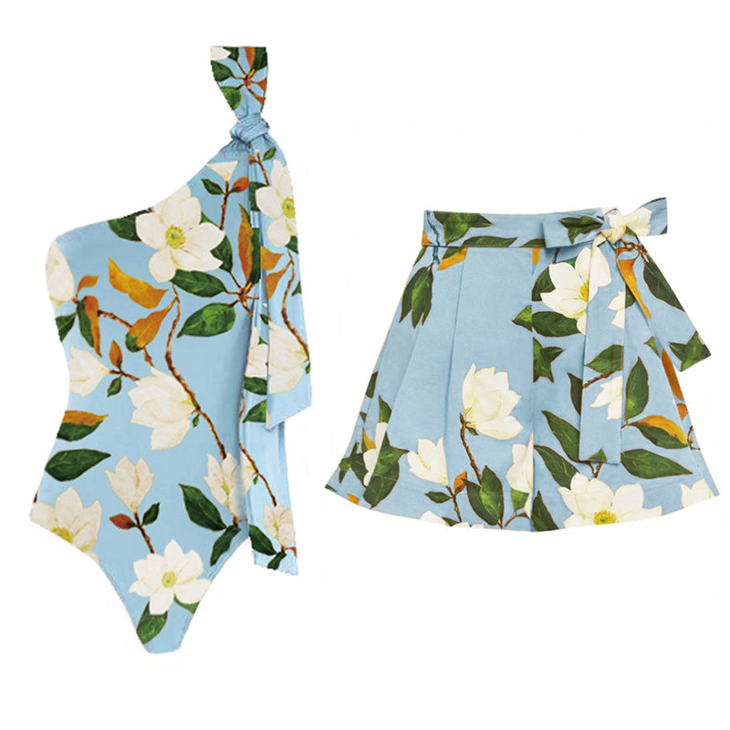 Chic Off-Shoulder Bow Tie Strap One-Piece Swimsuit Set for Women