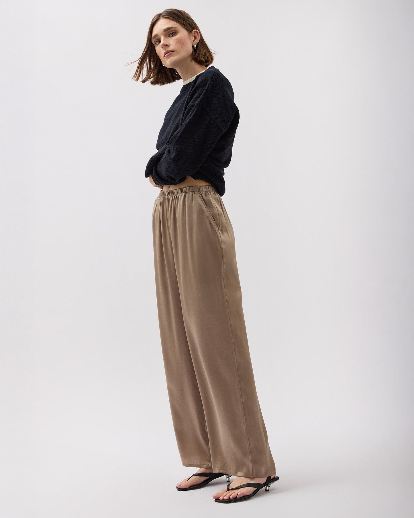 Womens Silk Satin Pant - Silk Satin - Warm Grey