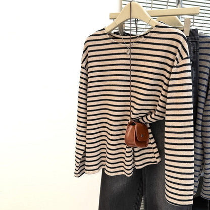 Style Brushed Long Sleeve T-Shirt for Women Plus Size Loose FitInner Wear or Outer Wear Striped
