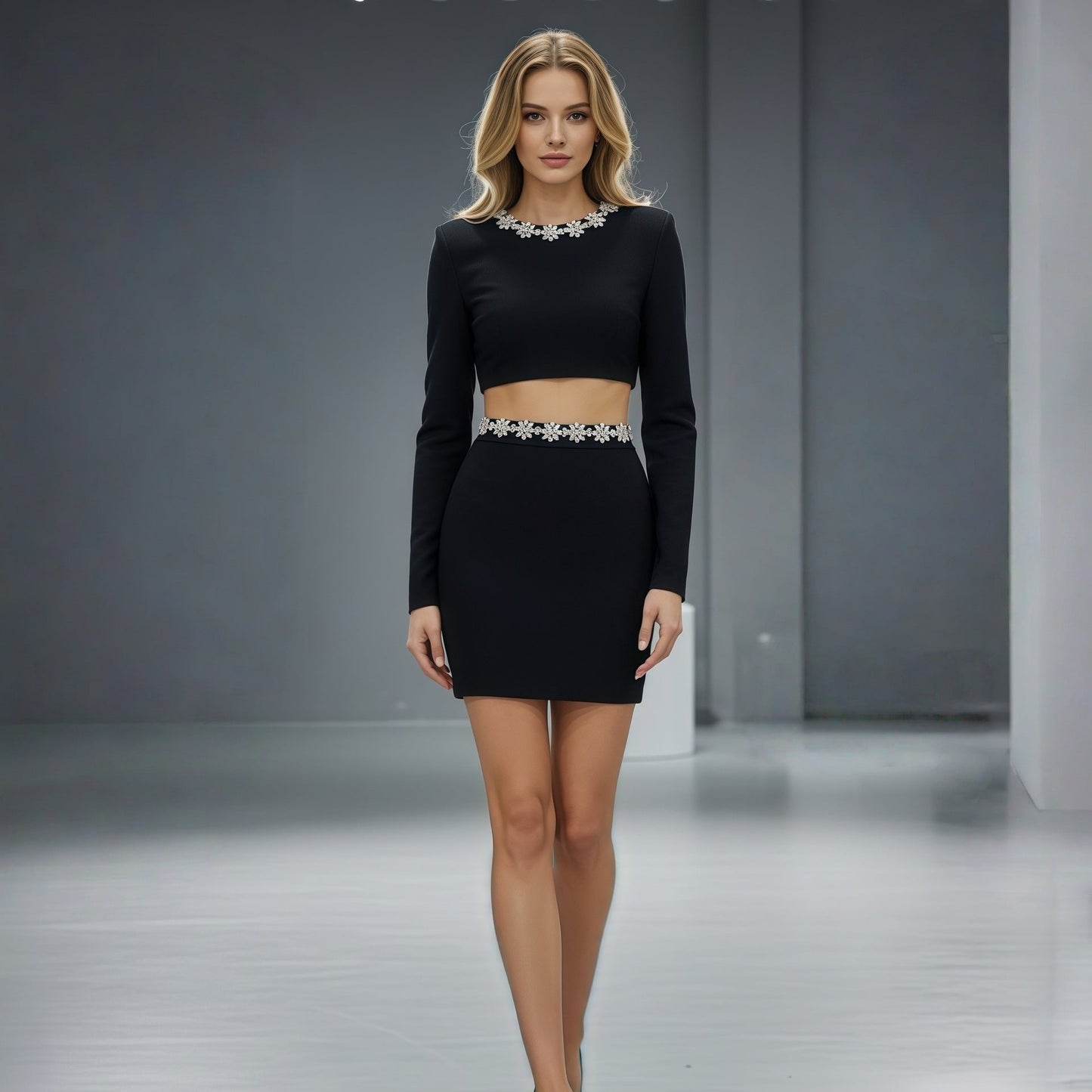 Diamond round neck long sleeved waist bandage set skirt