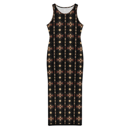Baha Ranch Black and Tan Aztec Sleeveless Bodycon Side Slit Maxi Dress