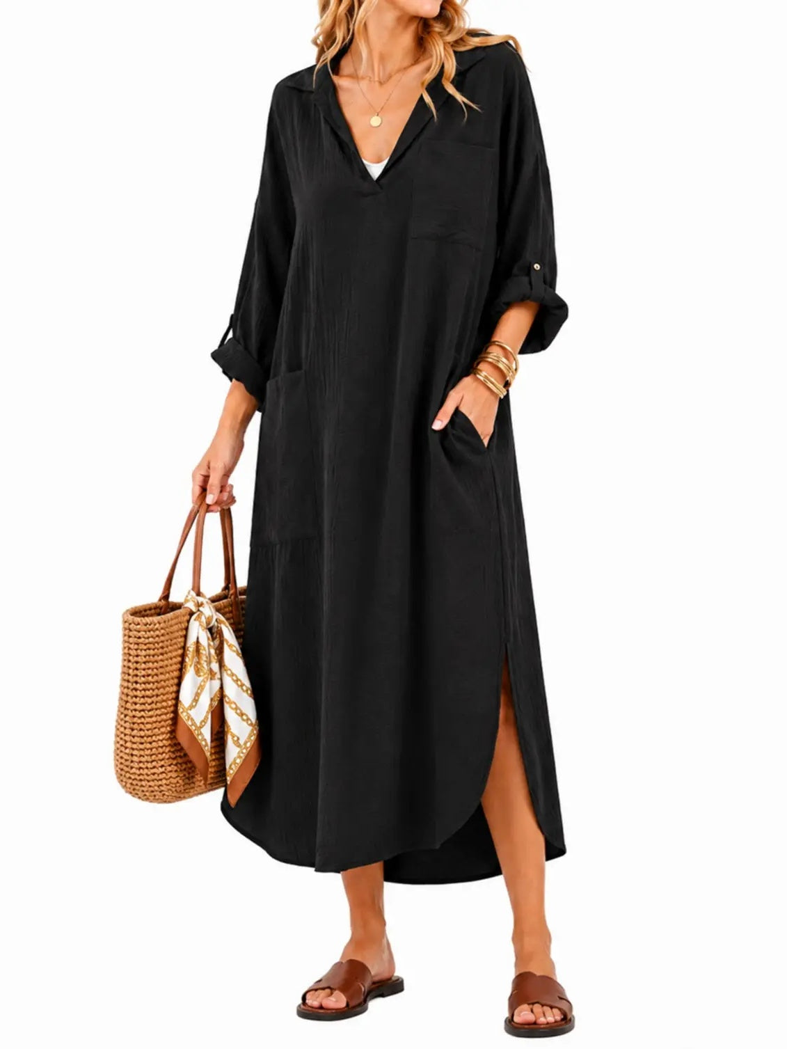 Womens Casual Loose Long Shirt Dress Side Split Dresses with Pockets