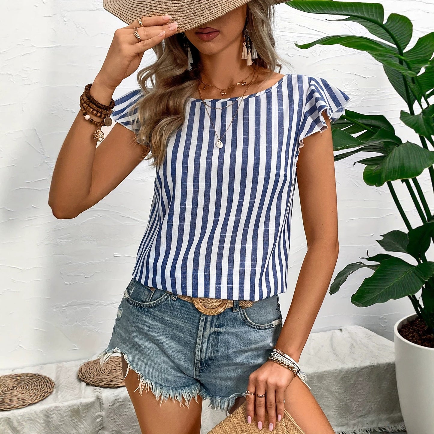 Striped V-neck top for women