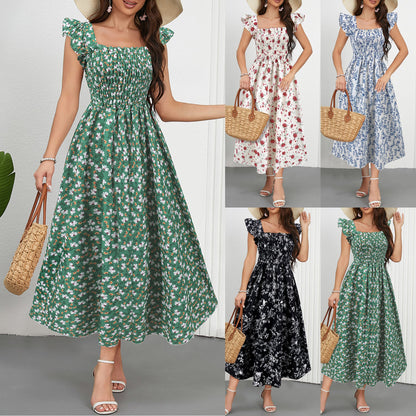 Printed Dress Square Collar A-line Long Dress