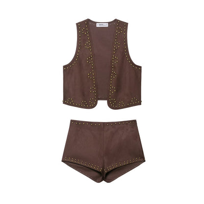 Rivet suede effect vest+shorts set