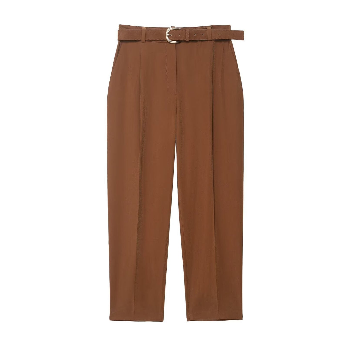 Narrow leg pants with waist belt and hanging pleats