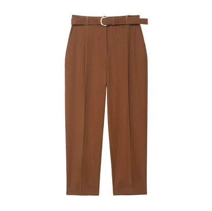Narrow leg pants with waist belt and hanging pleats