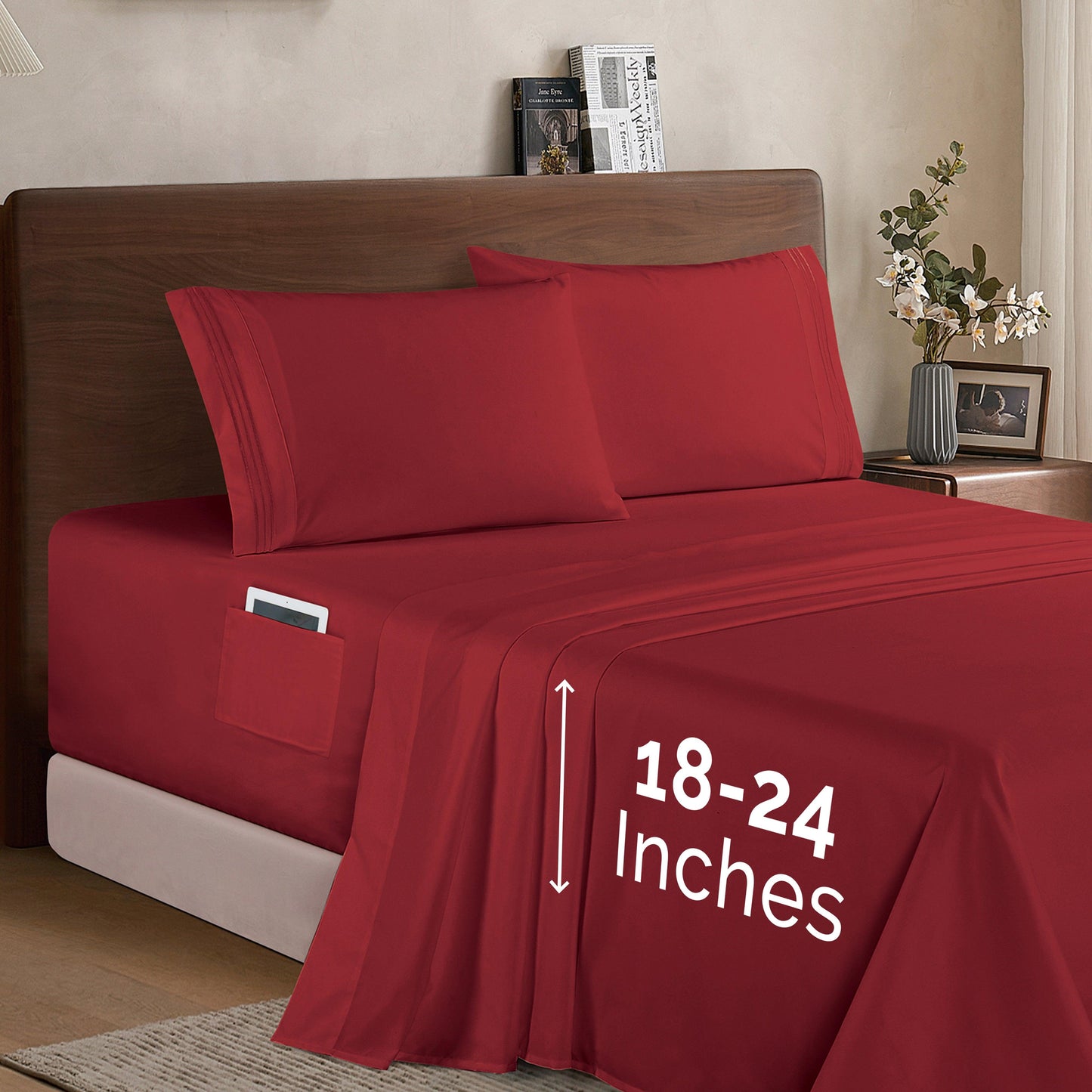 Elegant Comfort Extra deep 18-24 Inch Pocket 3 Line Embroidery, 4-Piece Sheet Set, Moody Shades