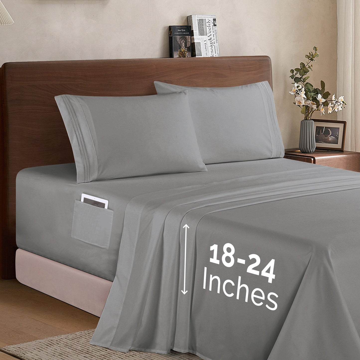 Elegant Comfort Extra deep 18-24 Inch Pocket 3 Line Embroidery, 4-Piece Sheet Set, Moody Shades
