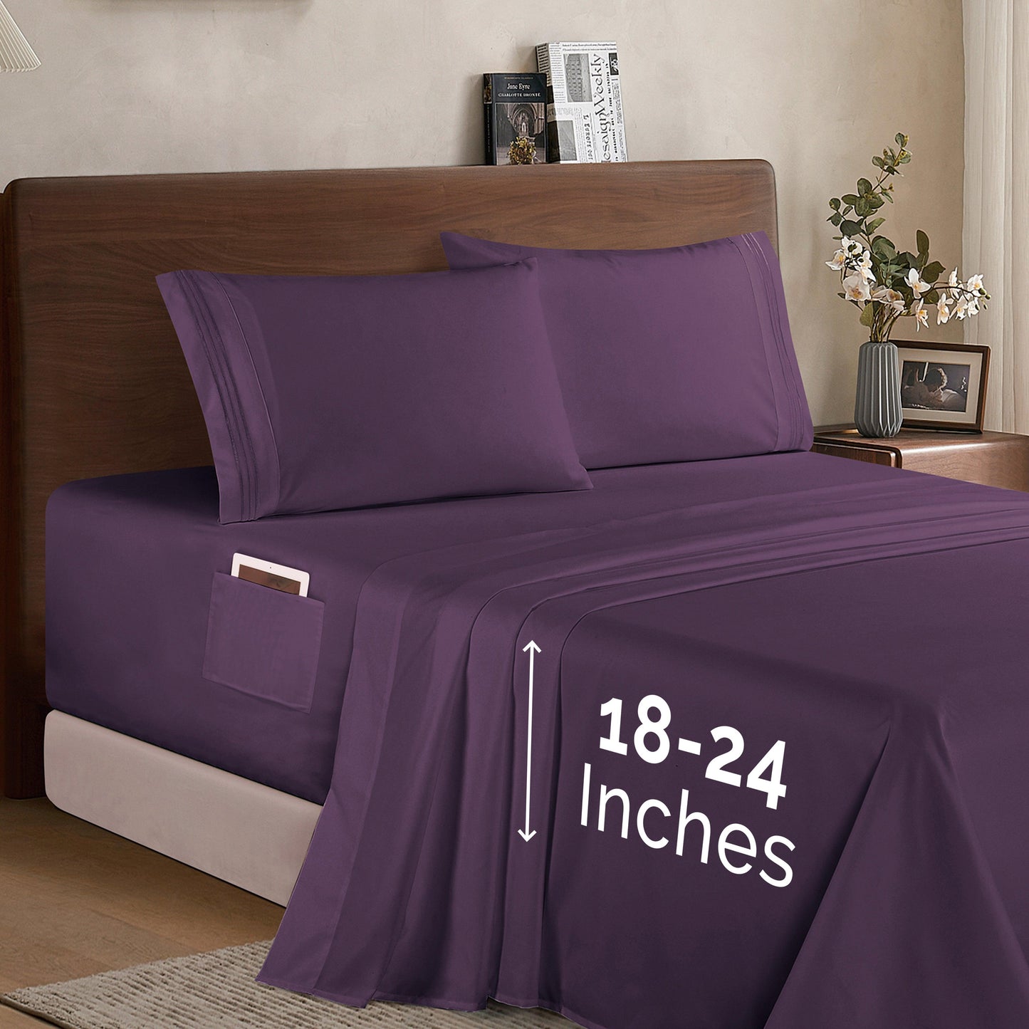 Elegant Comfort Extra deep 18-24 Inch Pocket 3 Line Embroidery, 4-Piece Sheet Set, Moody Shades