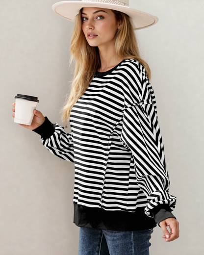 Annie Exposed Seam Drop Shoulder Casual Pullover Top - Black