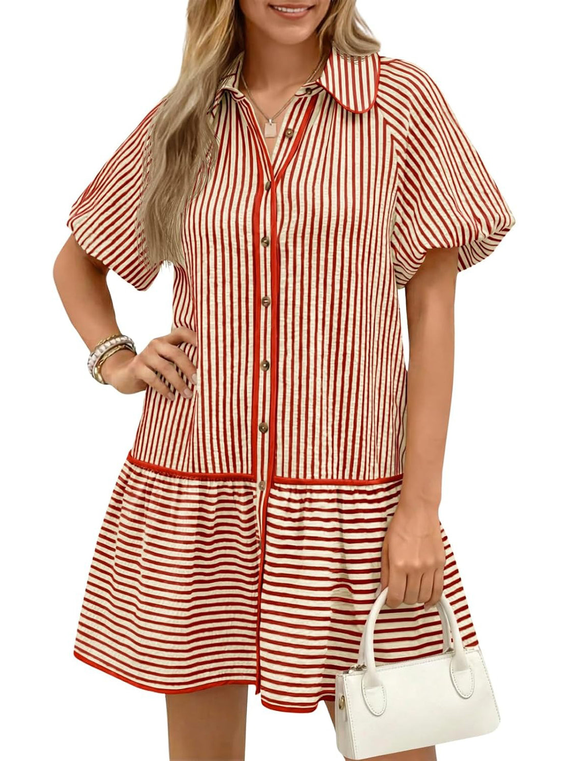 Women's Sweet Striped Lapel Puff Sleeve Midi Dress