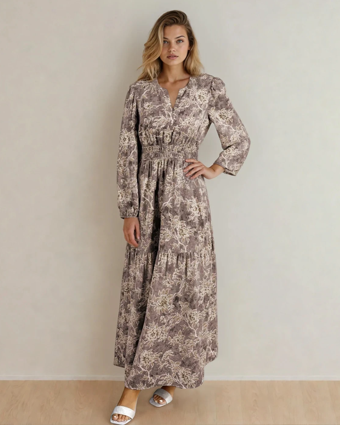 Brianna Floral Print Smocked High Waist Long Sleeve Maxi Dress - Brown