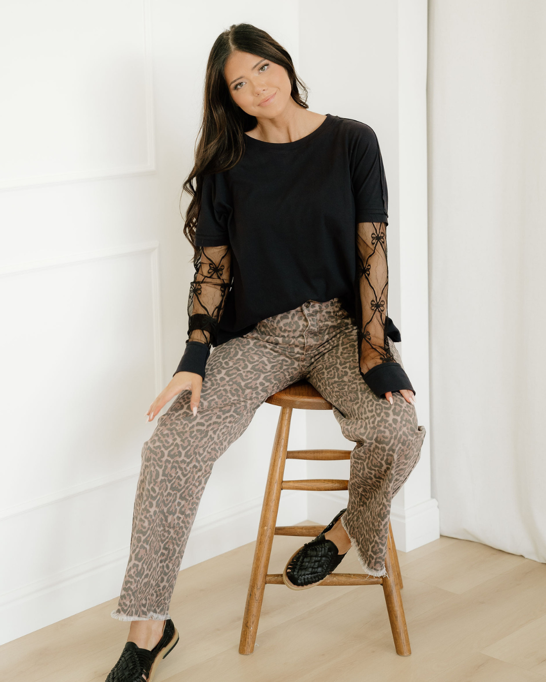 Emiliana Leopard Frayed Edge Wide Leg High Waist Jeans