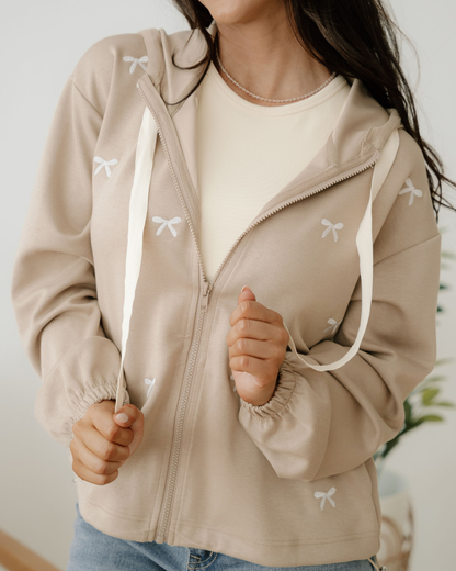Brielle Bow Embroidered Zip Up Hoodie