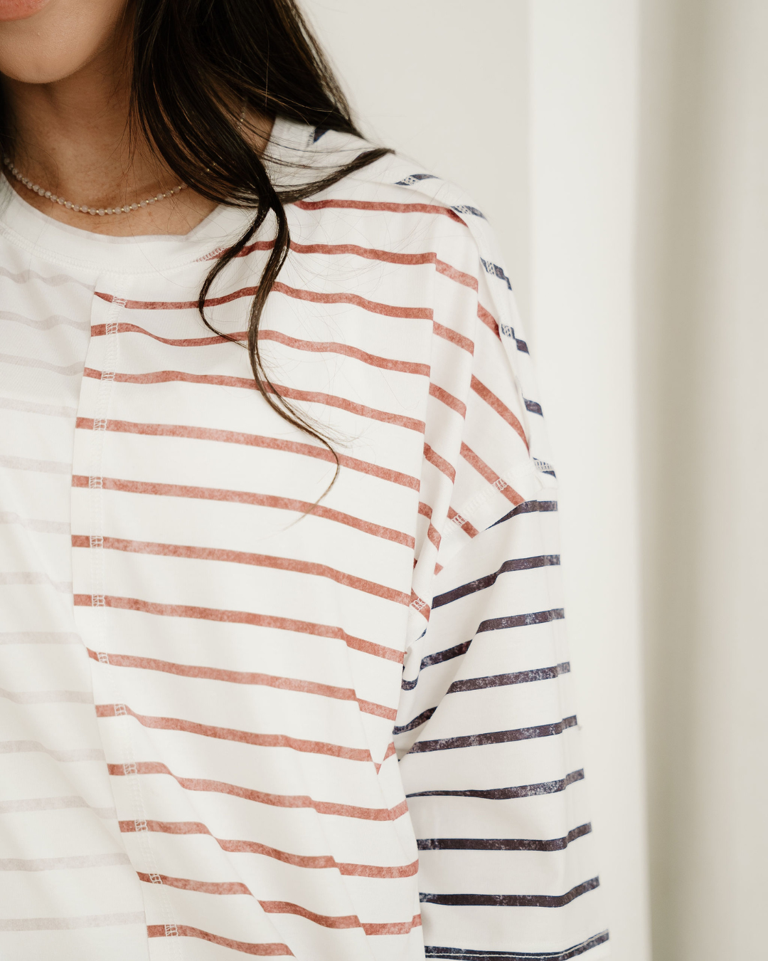 Danna Stripe Colorblock 3/4 Sleeve Loose T Shirt