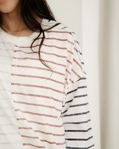 Danna Stripe Colorblock 3/4 Sleeve Loose T Shirt