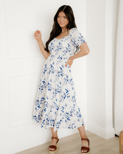 Faith Smocked Bodice Short Puff Sleeve Tiered Floral Midi Dress