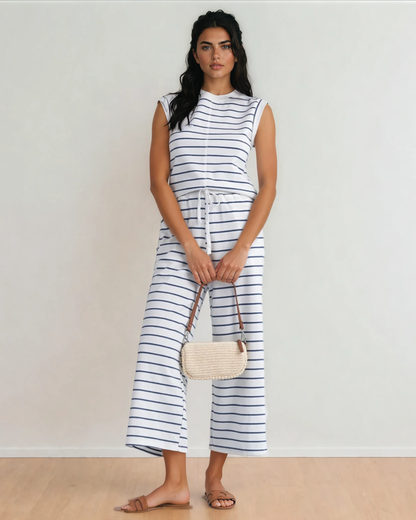 Clementine Striped Tee and Wide Leg Pants Set - Blue