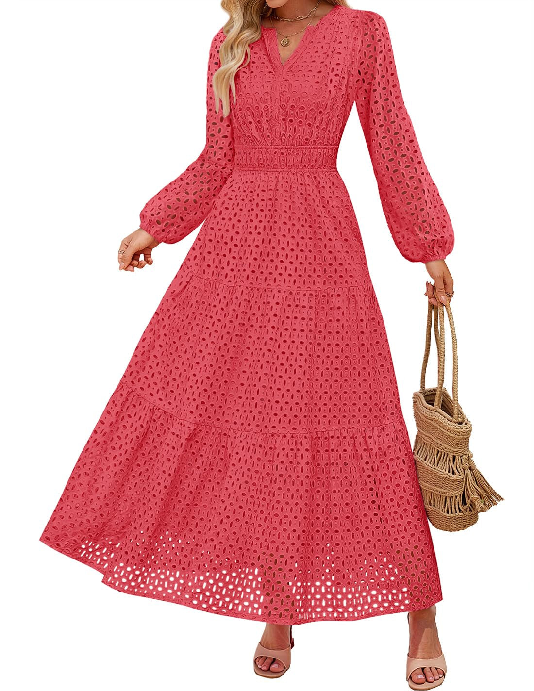 Women's 2026 V Neck Hollow Out Eyelet A Line Long Flowy Dresses